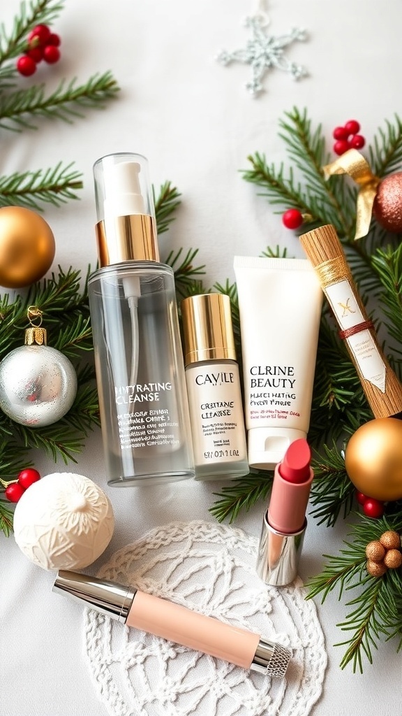 Christmas Wishlist for a No-Makeup Look A Christmas wishlist showcasing skincare products for a no-makeup look, surrounded by festive decorations.